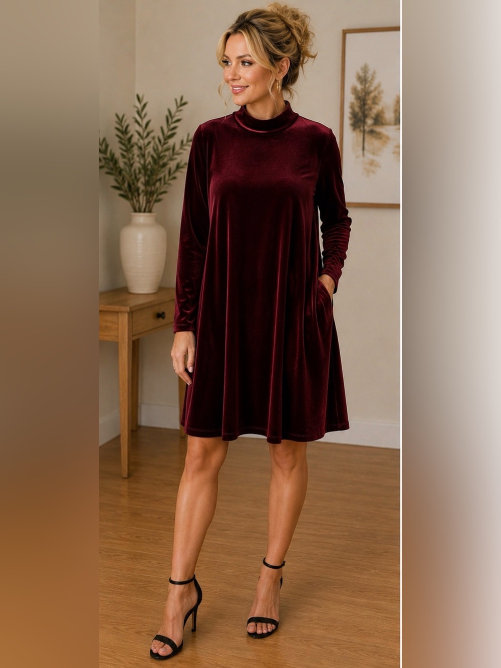 Maurices Burgundy Wine Velvet Swing Dress XL Mock Neck Long Sleeve Holiday Party